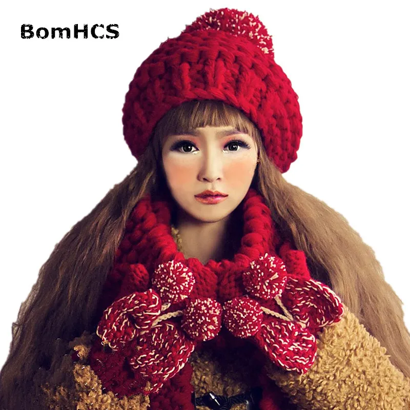 

BomHCS (Hat + Scarf + Gloves) 3PCS Women Winter Warm 100% Handmade Knitting Suit Beanie Caps Neckerchief