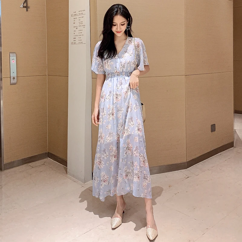 2019 новые шифоновые платья женские летние с коротким рукавом Boho пляжное вечернее