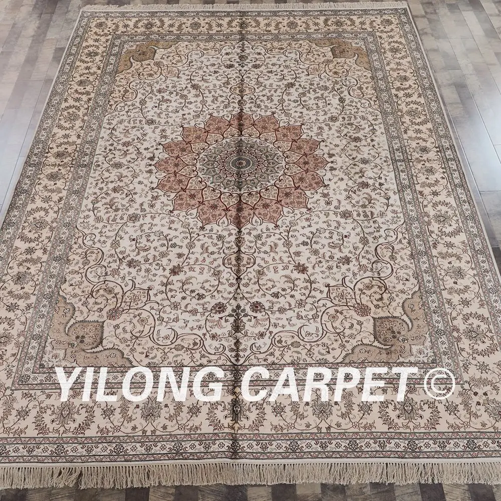 Koop YILONG 9'x12 'Perzische Zijden Kleed Beige Grote Antieke Turkse Handgemaakte Tapijt (ZW016M9x12)