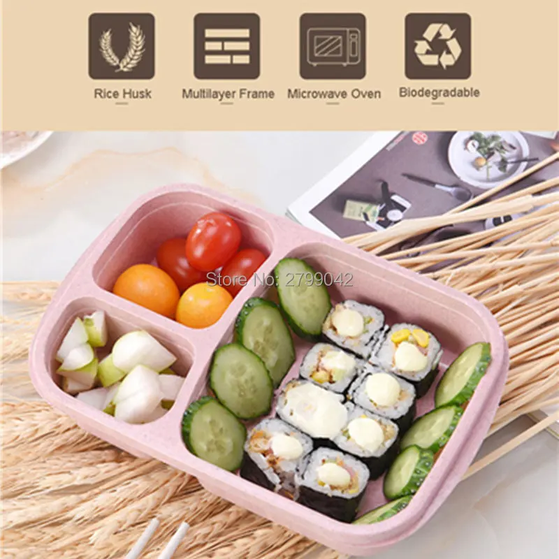 Ланч пшеничной соломы Bento Box 3 сетки с крышкой контейнер для микроволновой печи