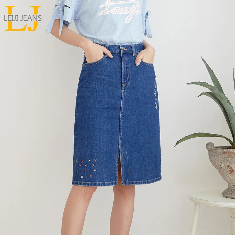 Женская джинсовая юбка стрейч LEIJIJEANS всесезонная модная синяя трапециевидная из