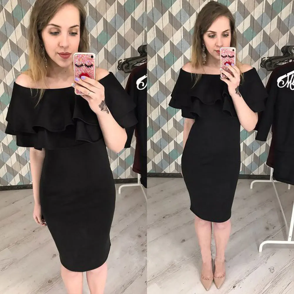 Для женщин маленьких Платье черного цвета Slash Средства ухода за кожей шеи с