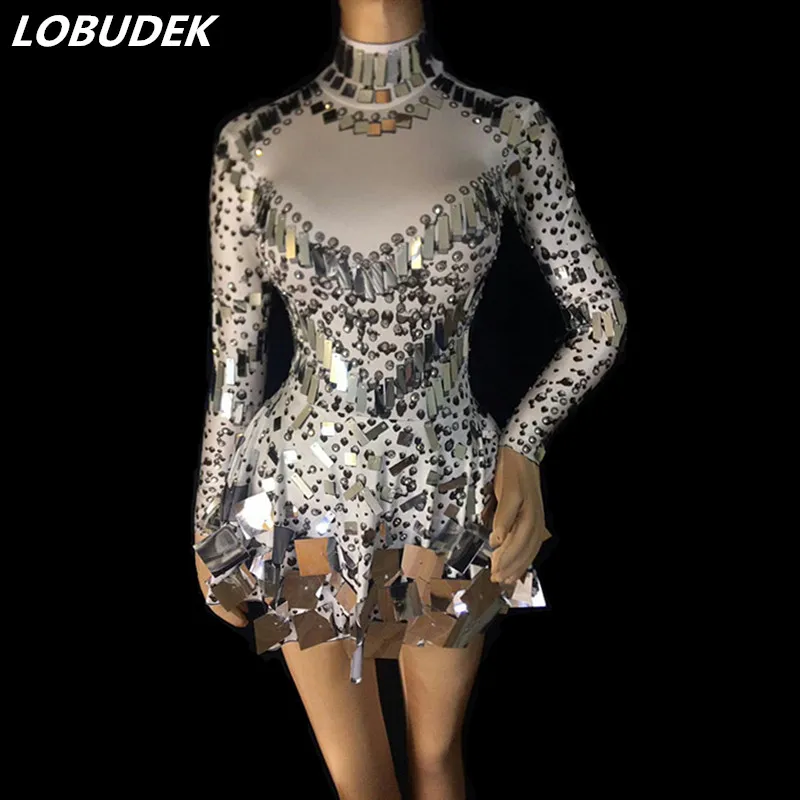 3 Colors Silver Sequins Crystals High Elastic Short Dress Sexy Mirrors Mini Dress Female Singer Prom Party Performance Costume