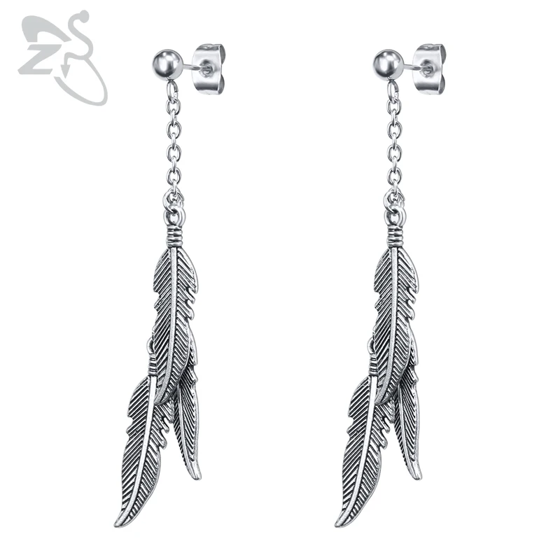 

ZS 1 Pair Feather Drop Earrings For Women Men Kpop Korean Earrings Brincos Tassel Earring Stainless Steel Long Dangle Pendientes