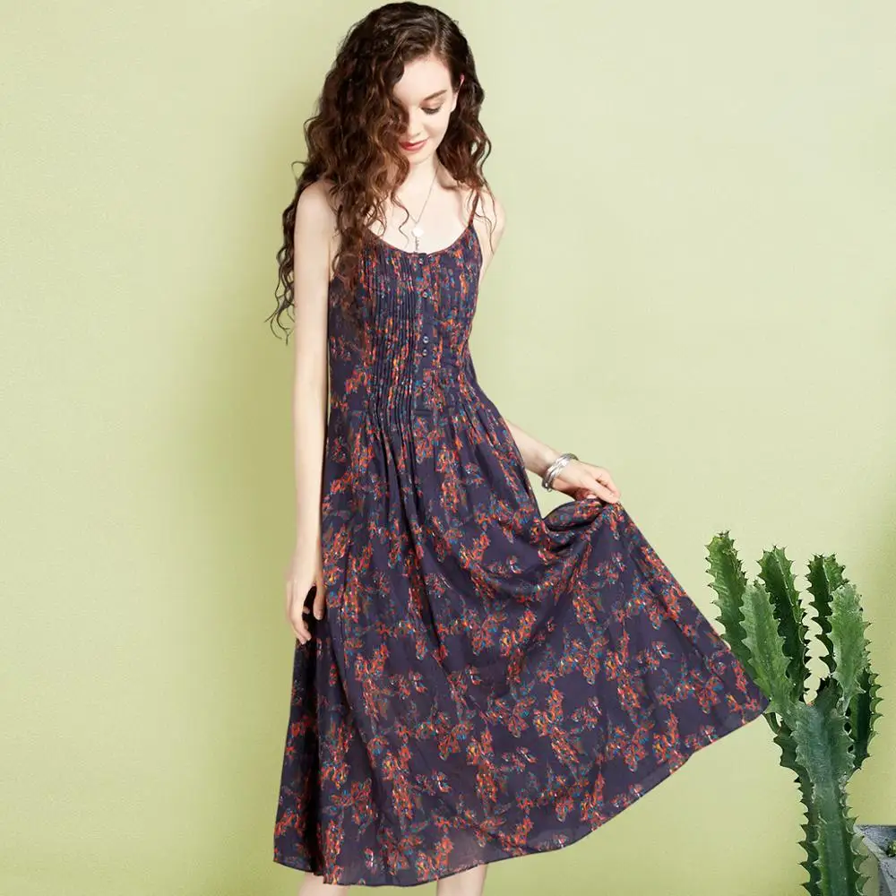 Artka женская весна Boho стиль Ethinic печатных квадратный воротник рукавов средний-икры широкий подол платья LA11865C