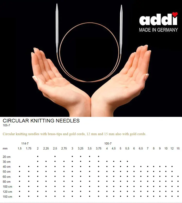 Addi 105-7 круглая спица для вязания 20 см 30 см 40 см 60 см 80 см 120 см Rundstricknadel, Silberspitzen m Goldseil, nickelfrei