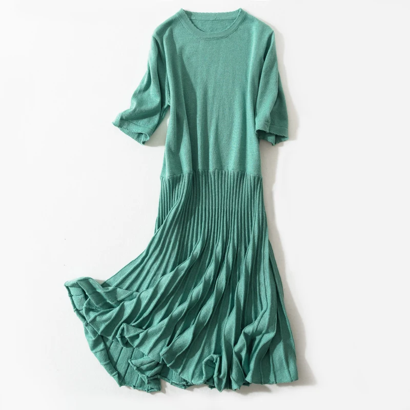 Новинка 2019 женское кашемировое плиссированное платье с коротким рукавом