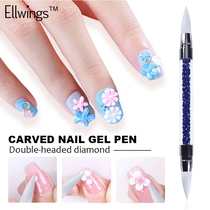 Акриловая ручка Ellwings с двумя головками силиконовая для дизайна ногтей стразы