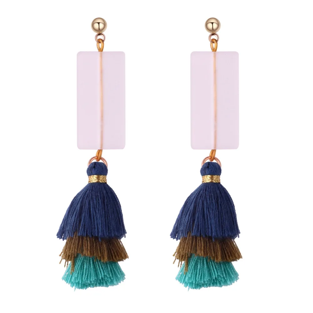 Bohemian 3 Layered Fringed Statement Tassel Earrings Pink Geometric Resin Women Drop Dangle Jewelry Wholesale | Украшения и
