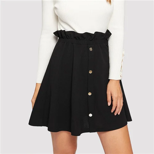 SHEIN черного цвета с поясом-оборкой гофрированное, с пуговицами спереди сдвиг юбка Повседневное Высокая Талия трапециевидной формы Для женщин юбки летние из искусственной кожи; обтягивающая юбка - Цвет: Черный