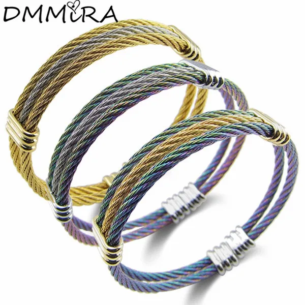 

Fashion Women Men Cable Wire Bracelets Jewelry Gold Color Stainless Steel Twisted Multilayer Cable Cuff Bracelets