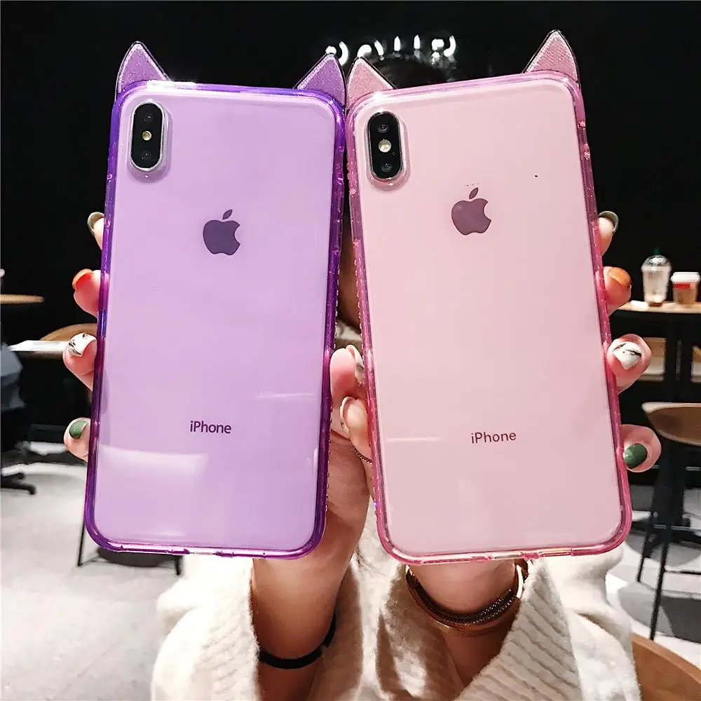 Luxury Bling Diamond Cute Cat Ears Transparent Phone Case For iPhone 6 6s 7 8 Plus X XR Clear Soft TPU XS Max |