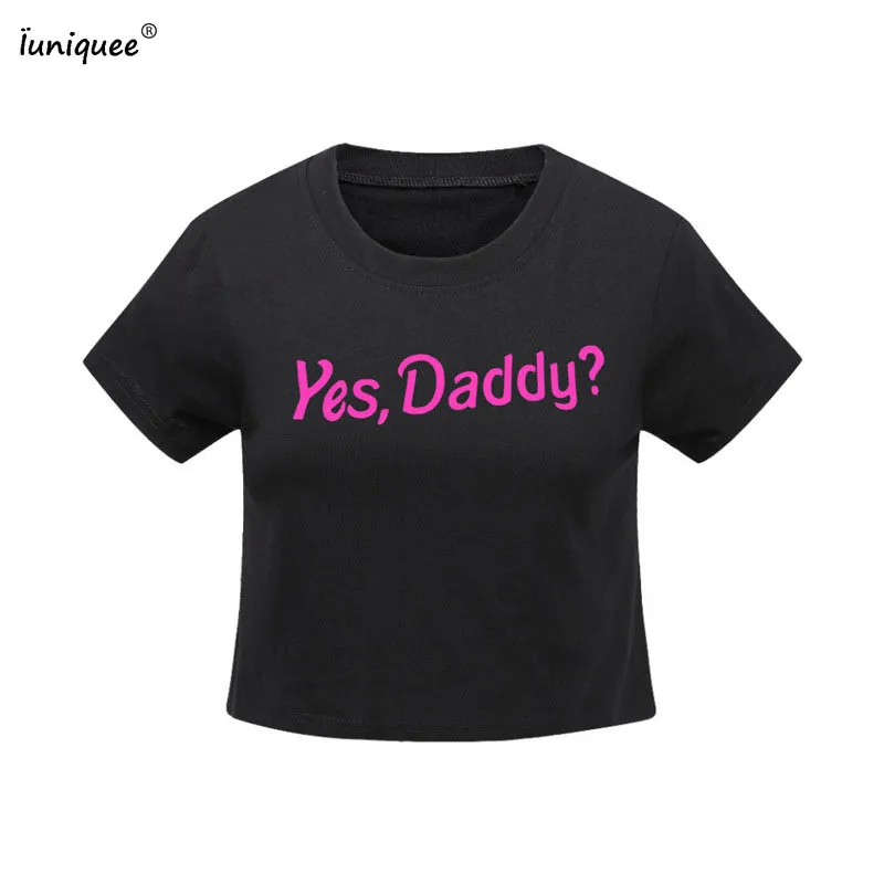 Женский летний Японский милый розовый укороченный топ с принтом Yes Daddy хлопковый
