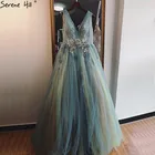Мятный v-образный вырез, Сексуальные вечерние платья трапециевидной формы, дизайн 2021, без рукавов, ручная работа, цветы, расшитые блестками вечерние платья, настоящая фотография LA70155