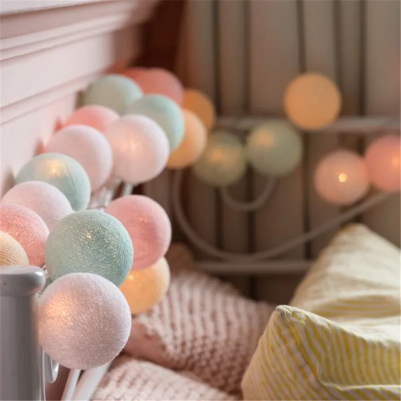 pink-blue-cream-whit Thai style sweet Pastel cotton ball string lights Bedroom Fairy Nursery Night Light garland holiday LED battery powered wedding - Emitting Color: pink-blue-cream-whit