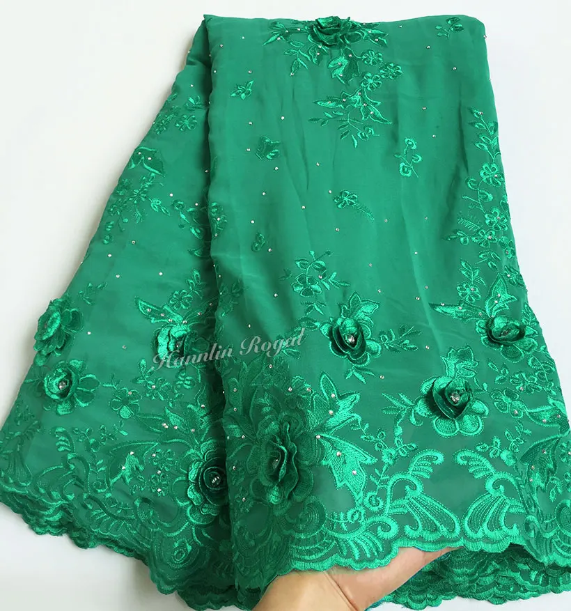green Мягкая Коралловая красная оригинальная швейцарская кружевная африканская вуаль кружевная ткань из шифона с большим количеством камней 3D аппликации 7165 5 ярдов/шт - Цвет: green