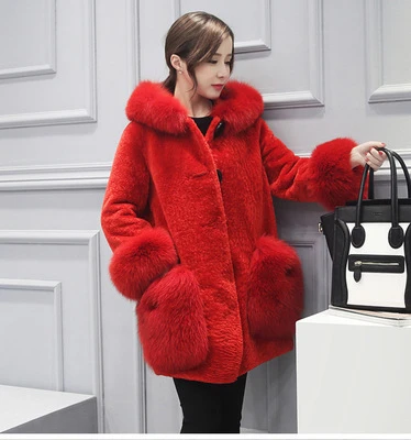 2017 Lady autumn and winter fur one of the long sheep cut cashmere imitation hooded jacket lamb hair female | Женская одежда