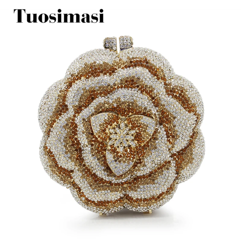 

Gold evening clutch bags rose flower shape luxury diamante clutch evening bags crystal wedding party purse(88226-GP)