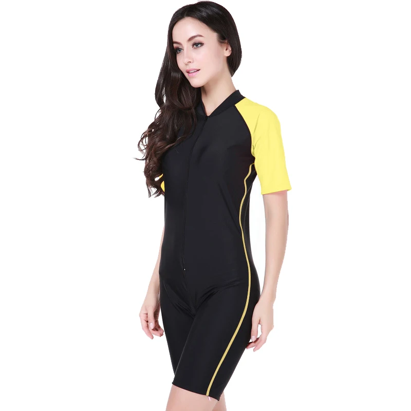 Yellow Women Sbart цельный купальник для женщин и мужчин, купальник для пары с коротким рукавом UPF 50+ Быстросохнущий пляжный костюм для серфинга на молнии 1006A - Цвет: Yellow Women