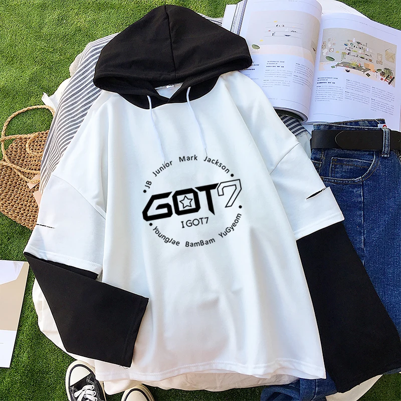Осенние женские толстовки в Корейском стиле Kpop Got7 с буквенным принтом Harajuku, повседневные женские толстовки, цветные топы с вышивкой, свободная верхняя одежда