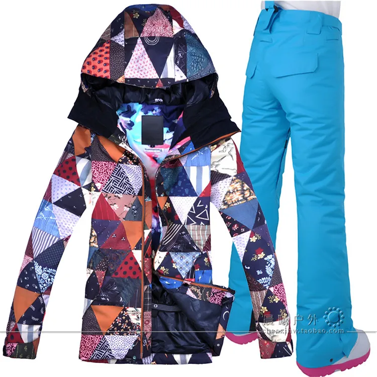 dark blue Водонепроницаемая ветрозащитная зимняя одежда для женщин, лыжная куртка и штаны, женский костюм для сноуборда с принтом треугольников, зимнее лыжное пальто, брюки - Цвет: dark blue