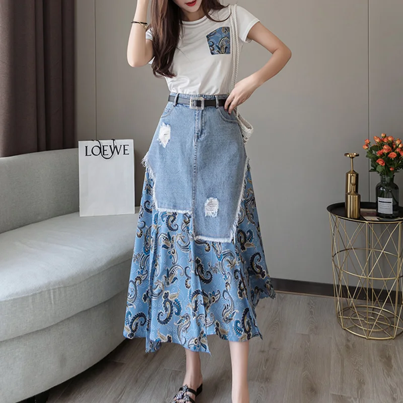 Blue Set Trytree Summer Women two piece set Casual O-Neck Tops+ Skirt Demin Patchwork Print Hem Belt Pocket Suit Office Lady 2 Piece Set - Цвет: Blue Set