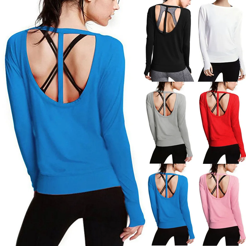 Women Backless open back Running Gym Stretchy Top Solid Color Long Sleeve Shirt Blouse Female Blusas Spring Autumn | Женская одежда