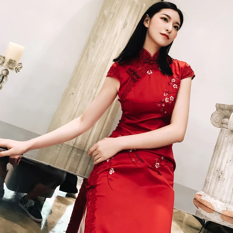 Женское платье с вышивкой длинное китайское для выпускного вечера Ципао