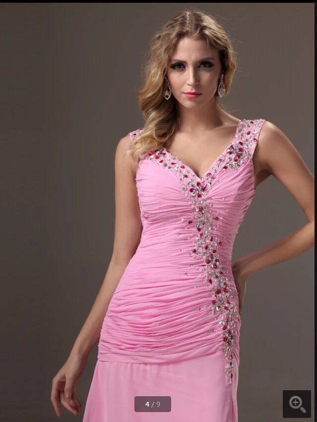 Розовое Шифоновое Вечернее платье русалки расшитое бисером с v образным вырезом