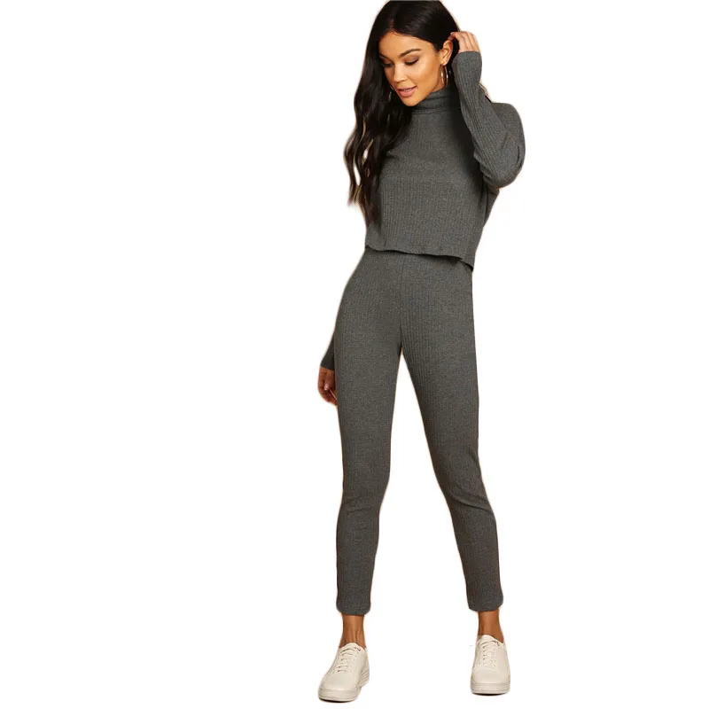 SHEIN Однотонный Трикотажный Костюм Топ с Длинными Рукавами И Брюки Стильный Комплект С Высоким Воротником