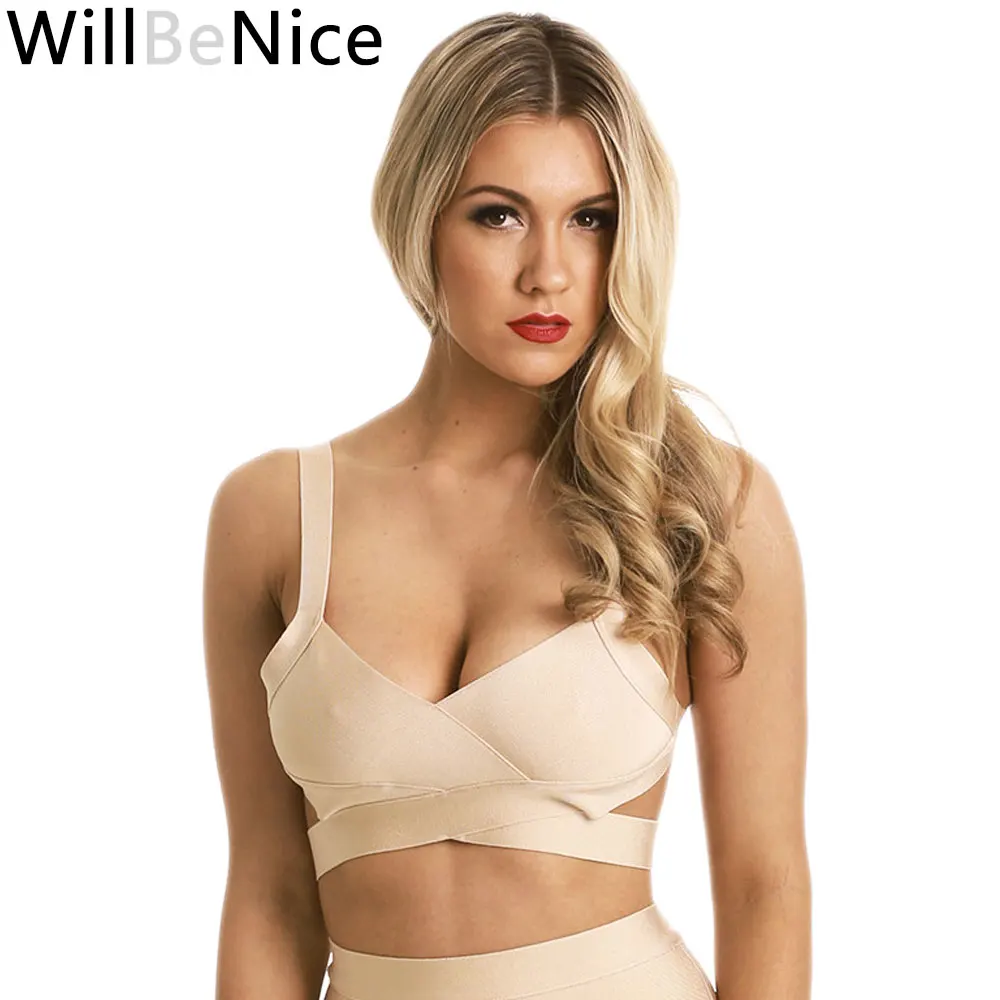 WillBeNice 2019 V คอสีฟ้า Nude สีขาว Camis สั้นเซ็กซี่ผู้หญิงถักผ้าพันคอ TOP CROSS Backless Slim Bodycon TOP