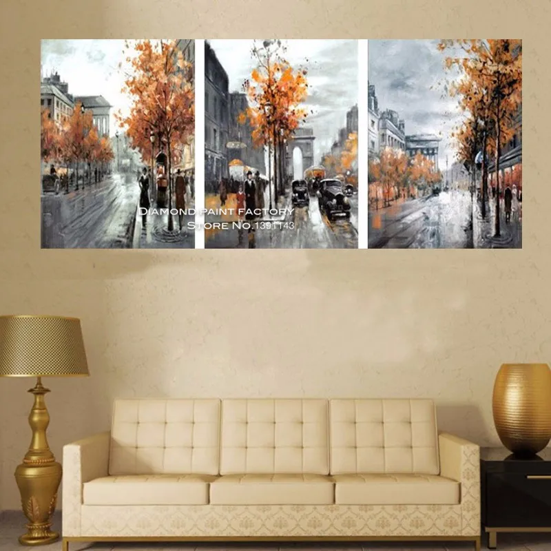 Уличные пейзажи полностью квадратная Алмазная вышивка Триптих домашний декор