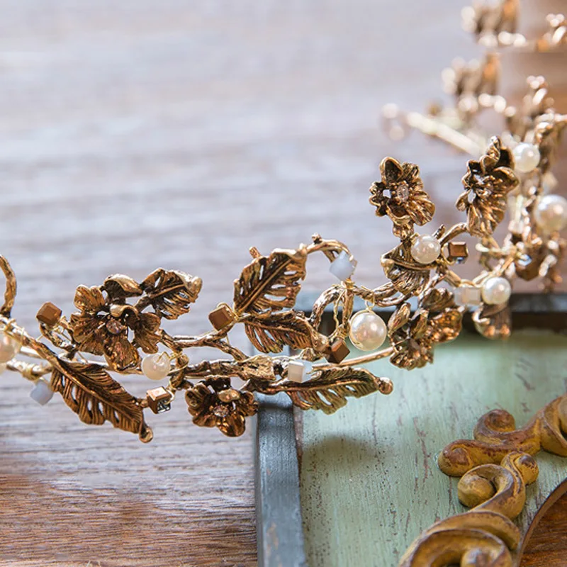 

Jonnafe Vintage Gold Leaf Bridal Tiara Baroque Wedding Hair Crown Accessories Pearl Women Hair Jewelry Tiaras