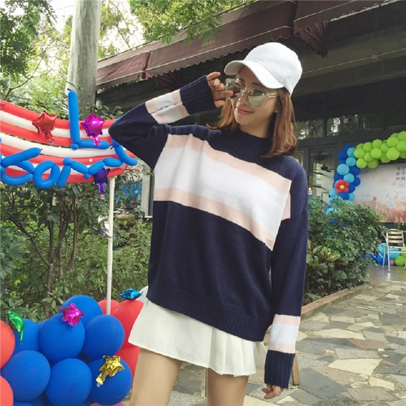 2018 для женщин Harajuku блок цвет полосы водолазка свободный свитер женский Ретро