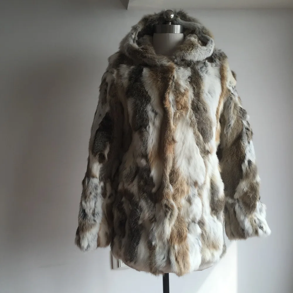 Пальто с капюшоном из натурального кроличьего меха куртка цельного пальто