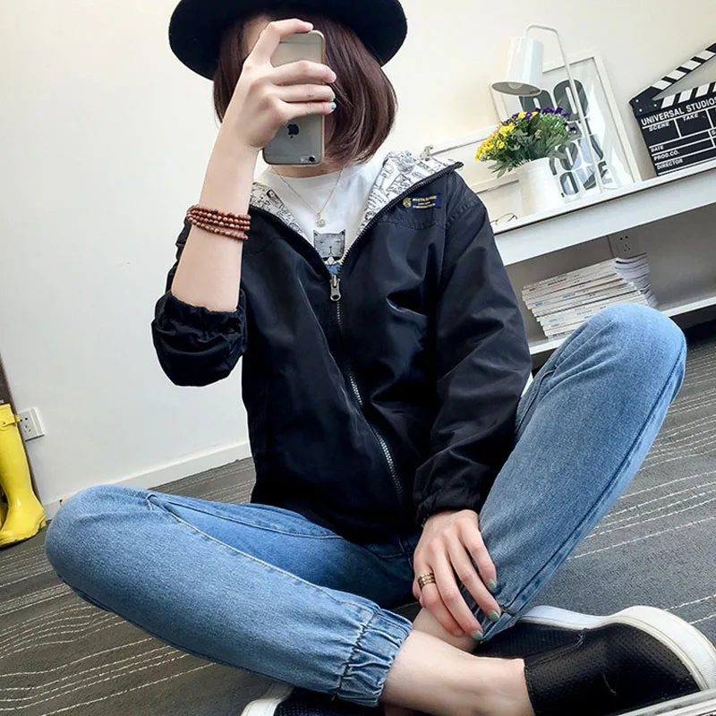 2018 модные повседневные тонкие осенние женские куртки с принтом по бокам пальто