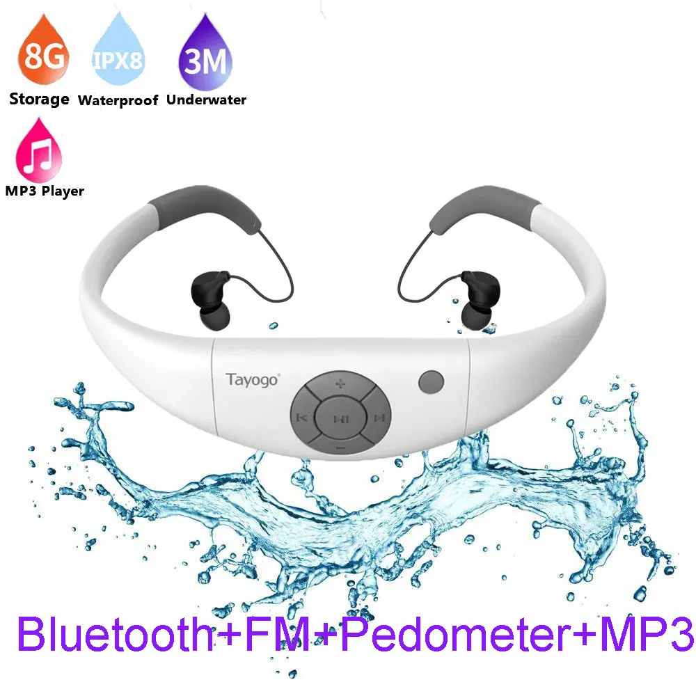 Tayogo водонепроницаемый MP3 плеер плавание bluetooth наушники спортивные IP68 bluetooth с fm-радио шагомер плавание Mp3 наушники - Цвет: White with bluetooth