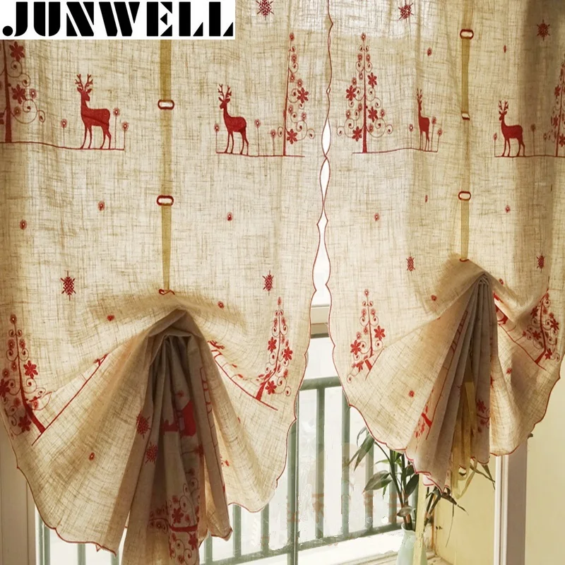 

Junwell 1PC Poly/Linen Christmas Embroidery Roman Curtain Blinds Home Wave Kitchen Curtains Living Room Bath Room Balcony
