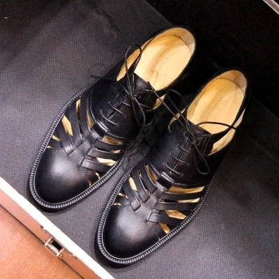 

MEN Retro black sandals Genuine leather Hollow lace up handmade shoes for men round toe casual shoes size 38-45