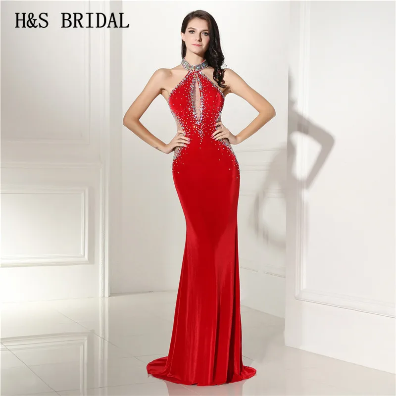 Женское бархатное вечернее платье H & S элегантное зеленое с открытой спиной и