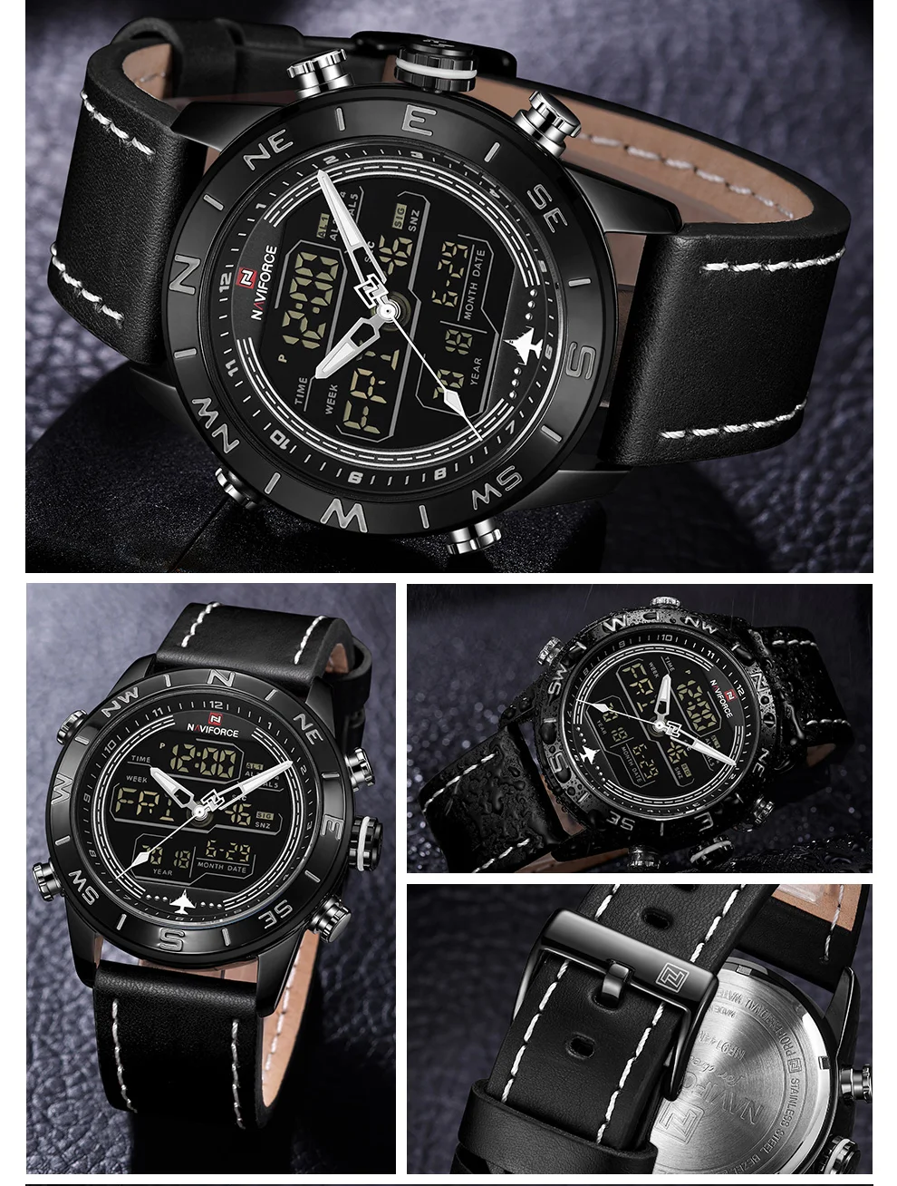 NAVIFORCE 9144 модные золотые мужские спортивные часы мужские s светодиодный аналоговые цифровые часы армейские военные кожаные кварцевые часы Relogio Masculino