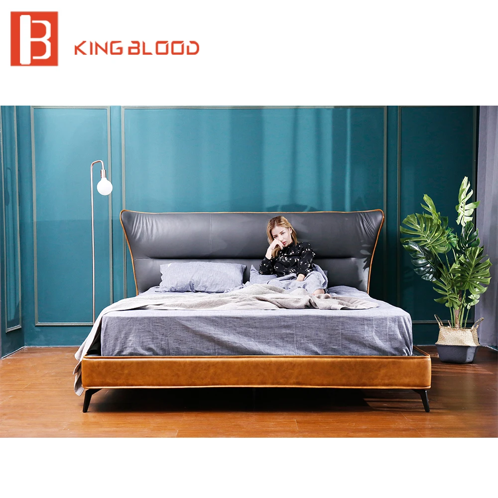

Italian bed frame king size genuine cowhide leather bed designs