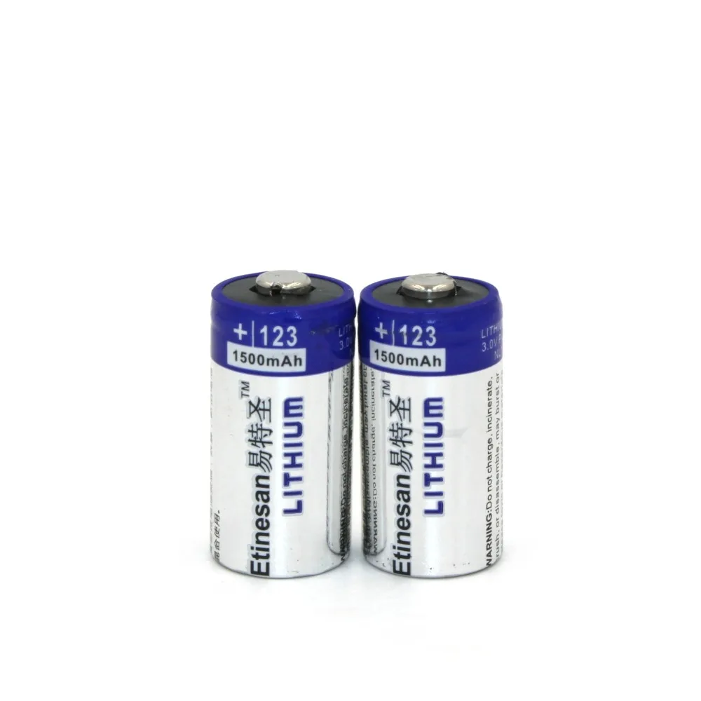 2 шт. главным образом литиевая фонарик Батарея: Etinesan CR123A 3V 1500 мА · ч (4.5Wh 20mA скорость