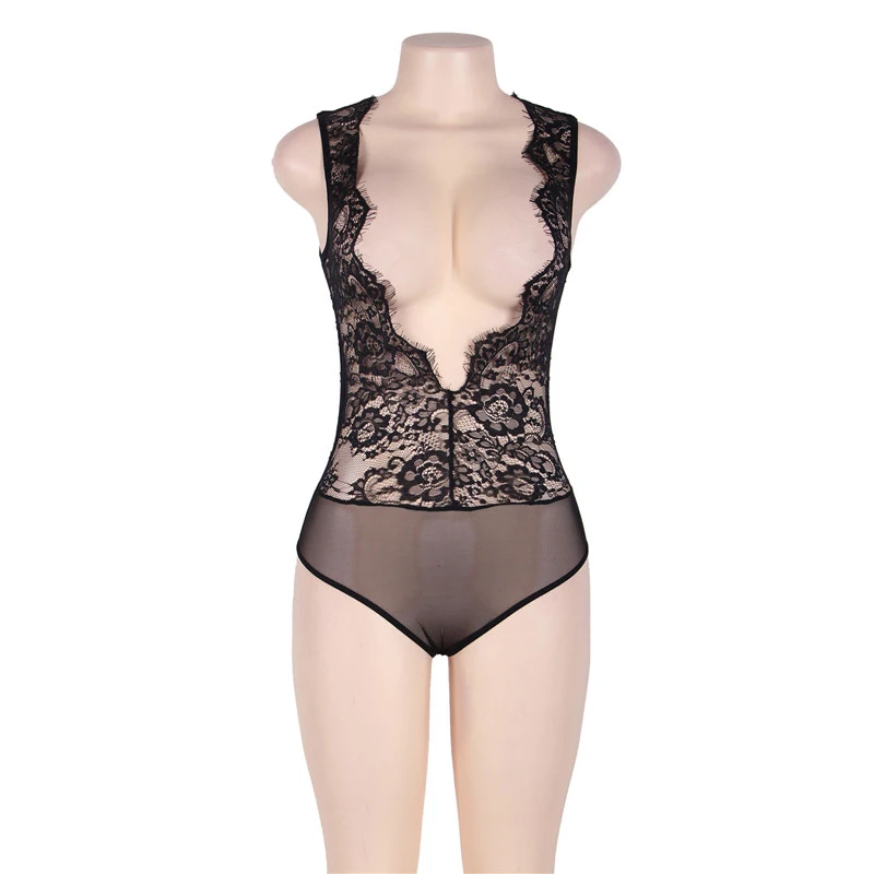 black bodysuit Боди для женщин без рукавов прозрачное боди Dentelle Цветочная сетка черный белый глубокий v-образный вырез горловины размера плюс сексуальное боди R80503 - Цвет: black bodysuit