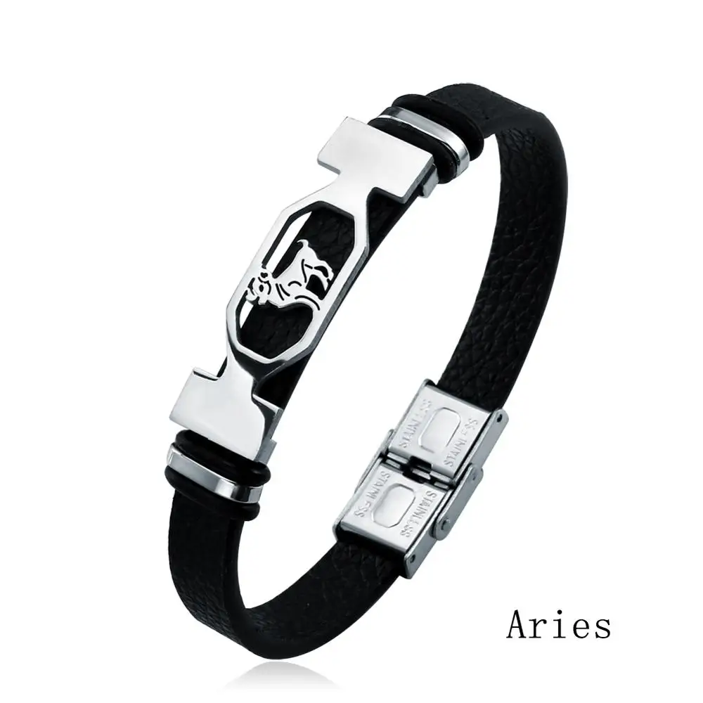 Aries Новая мода 12 созвездий браслет из нержавеющей стали Для мужчин Для женщин Знак зодиака черной кожи Обёрточная Бумага браслет ювелирные браслеты hombre - Окраска металла: Aries
