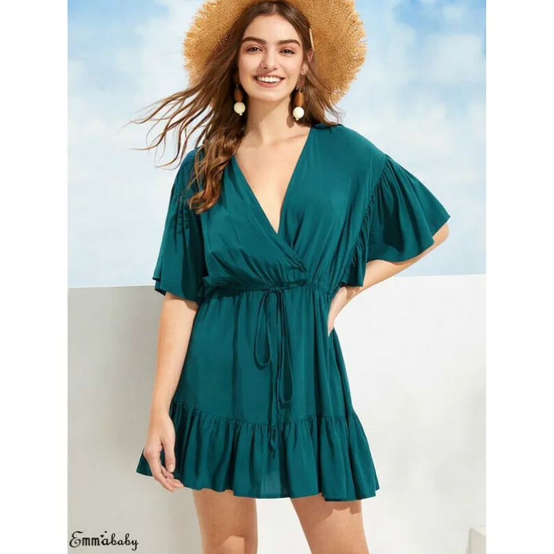 Женское однотонное мини-платье Boho пляжная одежда свободный пояс Летний Пляжный