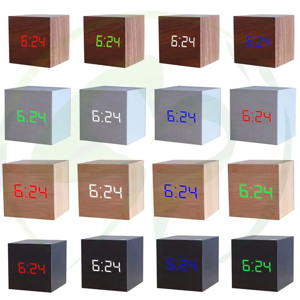 Square Wooden Digital LED Alarm Clock USB/Battery Powered Thermometer with Sound Control Home Decor | Дом и сад
