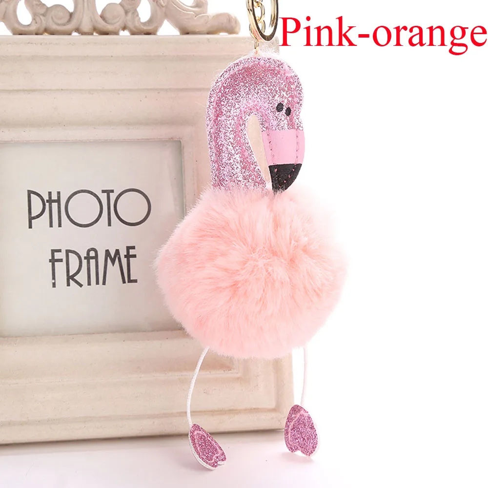 pink-orange Модный мультяшный Фламинго брелок с изображением ангела помпон пушистая плюшевая Сумочка с брелоком автомобильный Декор брелок для ключей кольцо для ключей ювелирные изделия - Цвет: pink-orange