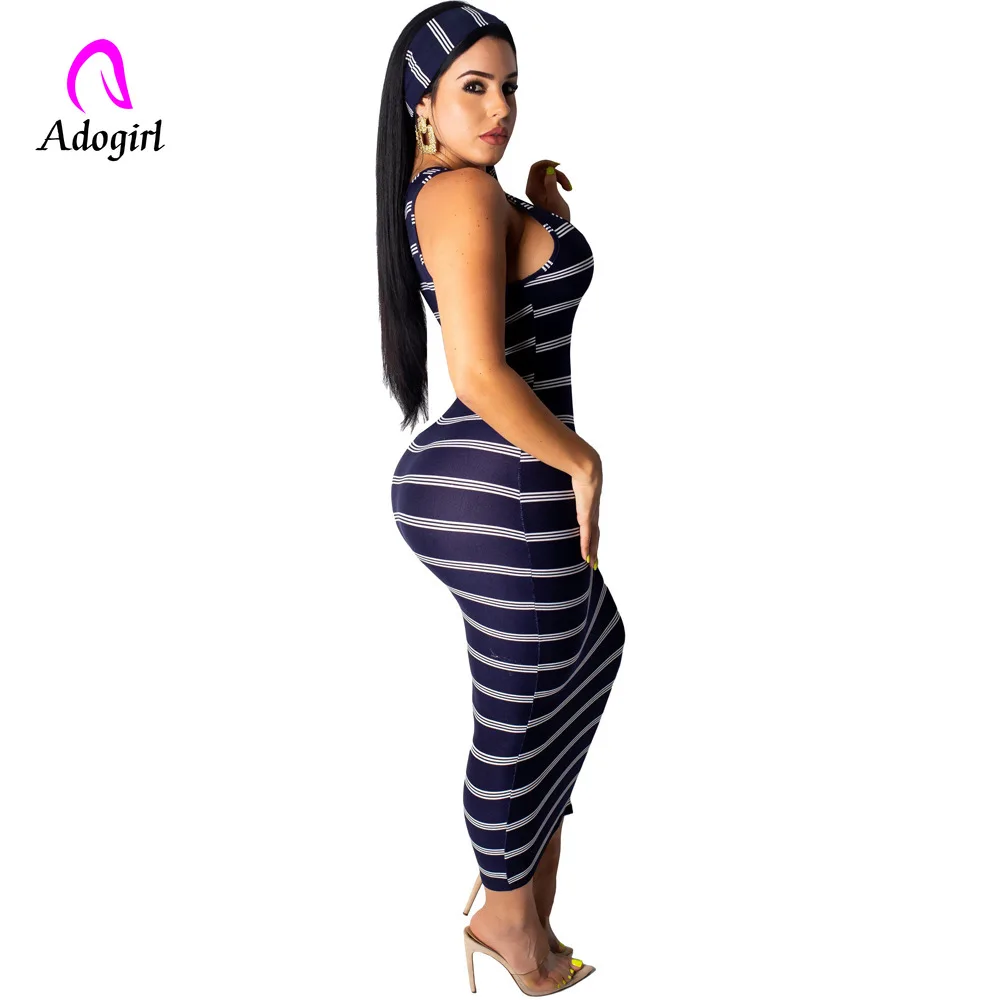 Темно синее повседневное женское Бандажное облегающее летнее платье в полоску