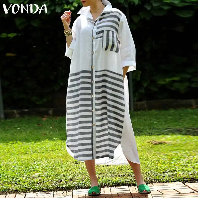 VONDA, хлопковое женское платье,, повседневное, длинный рукав, карманы, в полоску, свободная рубашка, платье размера плюс, винтажное, до середины икры, Vestidos - Цвет: Black
